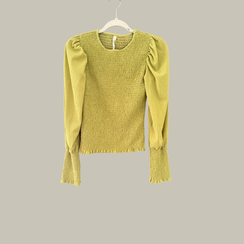 By Anthropologie Smocked Puff Sleeve Top Chartreuse Green Long Sleeve Small
